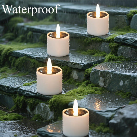 HL Solar Tea Lights flickering flame closeup creates cozy, safe candlelight indoors or out.