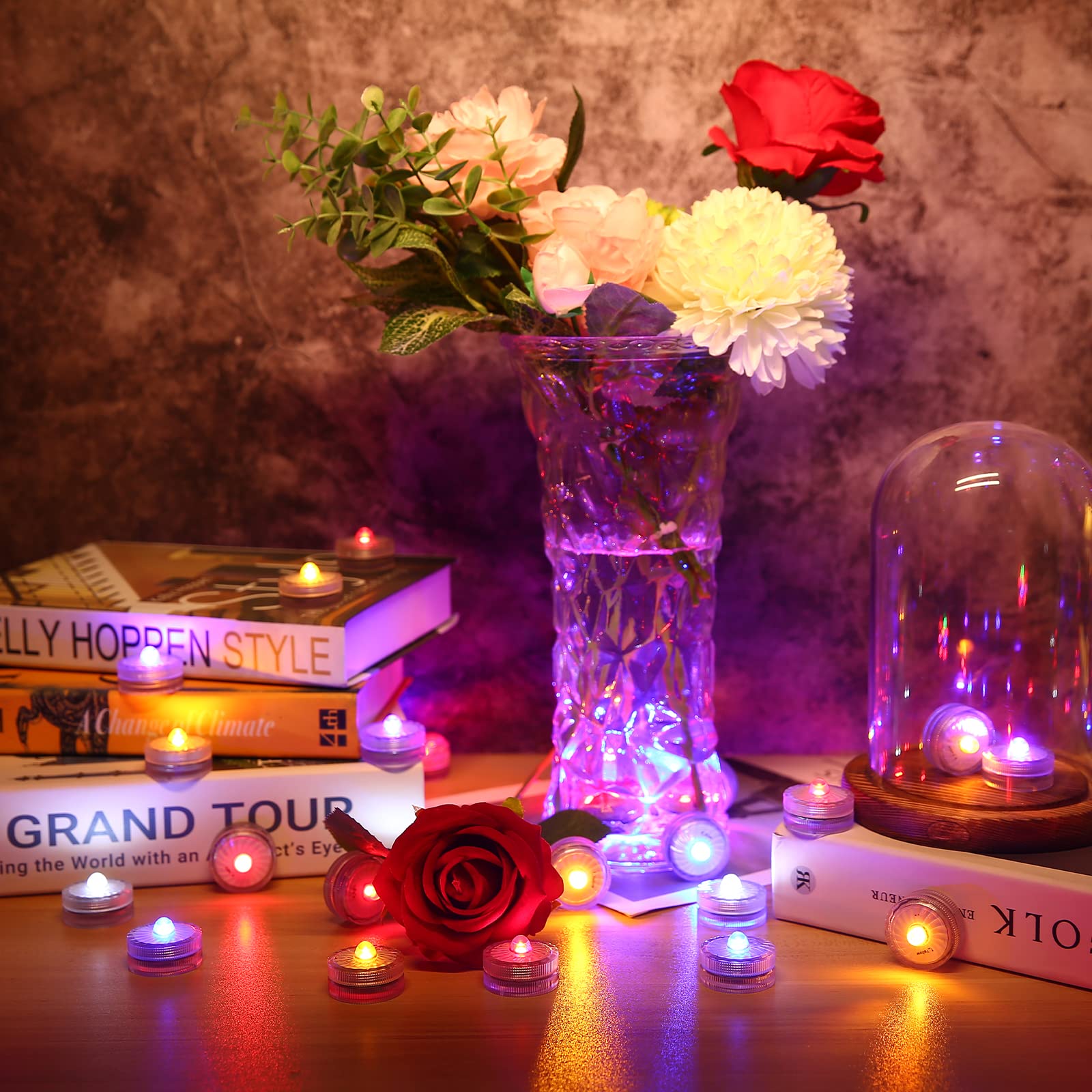 HL Submersible RGB LED light adds vibrant vase lighting for events.