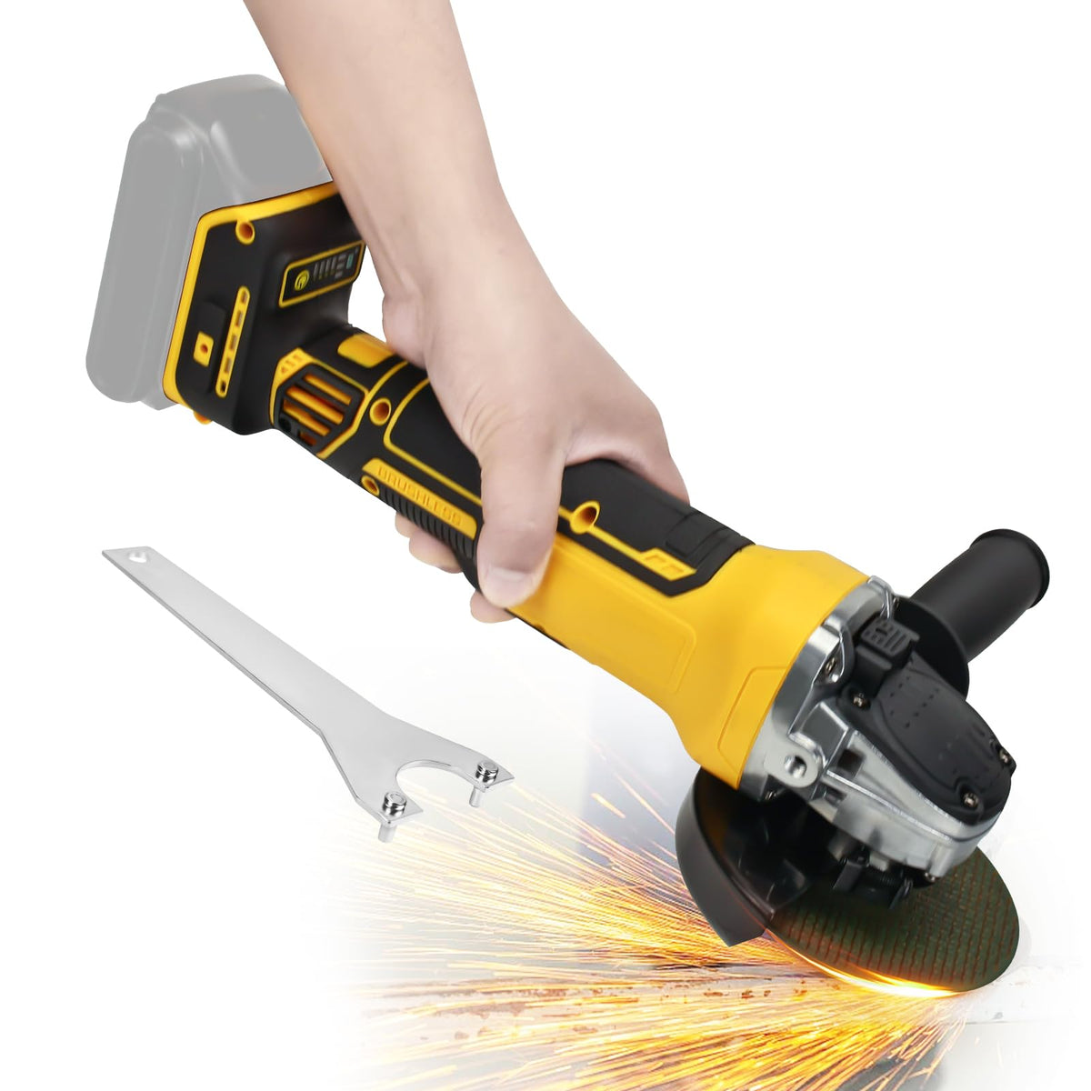 HLiePiHa cordless angle grinder showing Dewalt 20V battery compatibility for flexible power options.