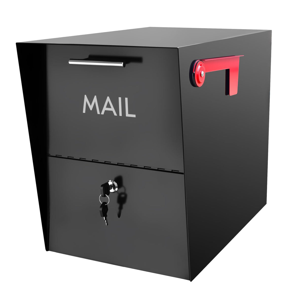 HLILBTE XL post-mount mailbox front view showing large interior for mail and small packages.