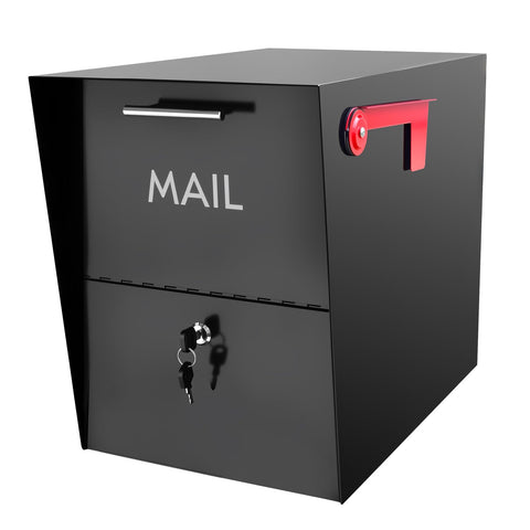 HLILBTE XL post-mount mailbox front view showing large interior for mail and small packages.