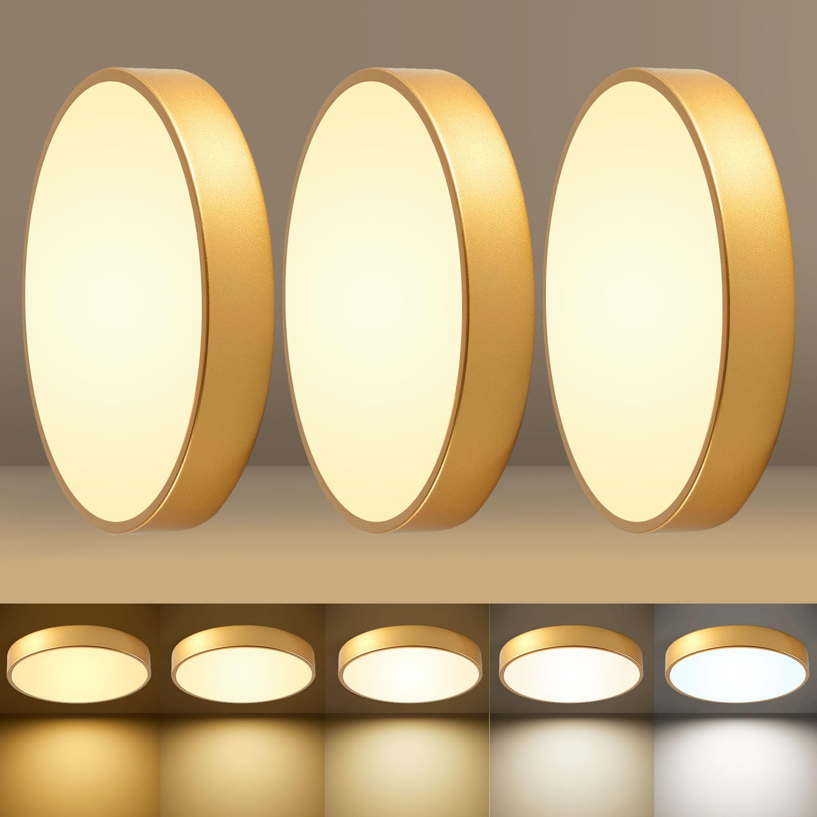 HLinghtnet LED round flush mount gold, front view, modern ceiling fixture for living spaces