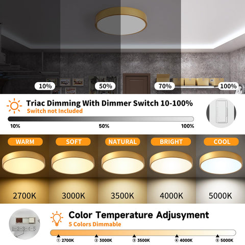 HLinghtnet LED round flush mount gold, dimmed setting, smooth triac dimming