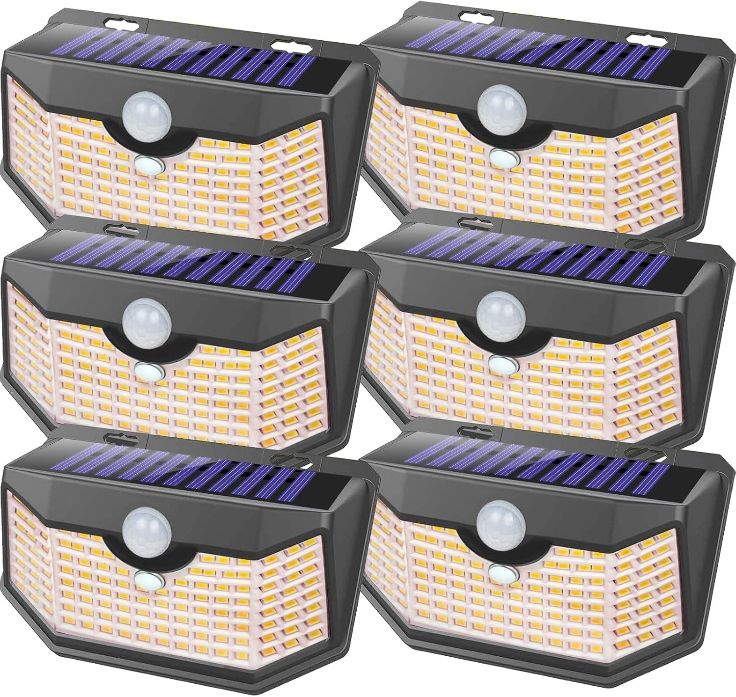 HMCITY 120 LED outdoor solar light with motion sensor lighting a walkway.