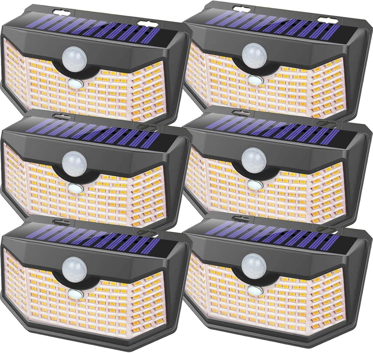 HMCITY 120 LED outdoor solar light with motion sensor lighting a walkway.