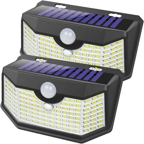 HMCITY 120 LED outdoor solar lights front view with bright perimeter illumination.