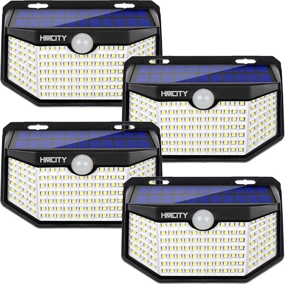 HMCITY solar lights with 120 LEDs provide wide outdoor coverage.