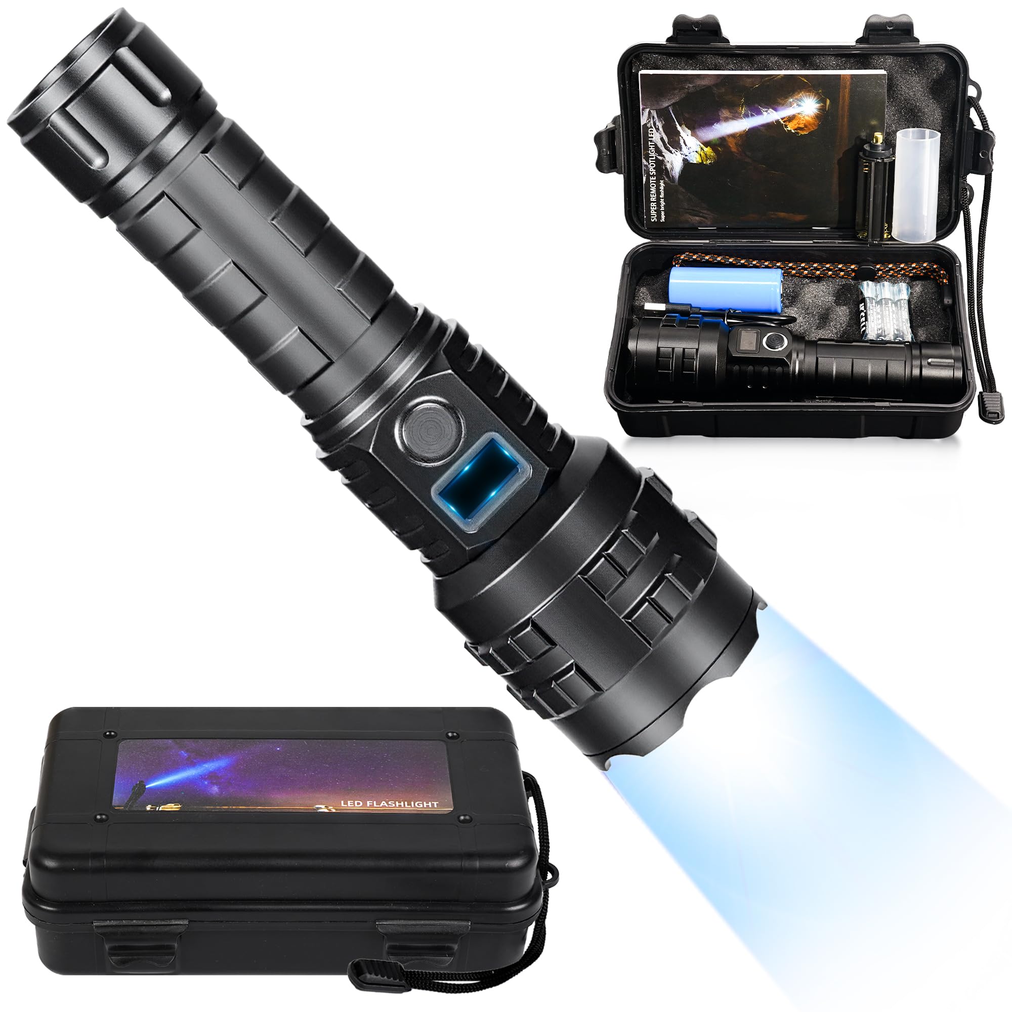 HMFREE flashlight front-angled view highlights rugged design for outdoor use.