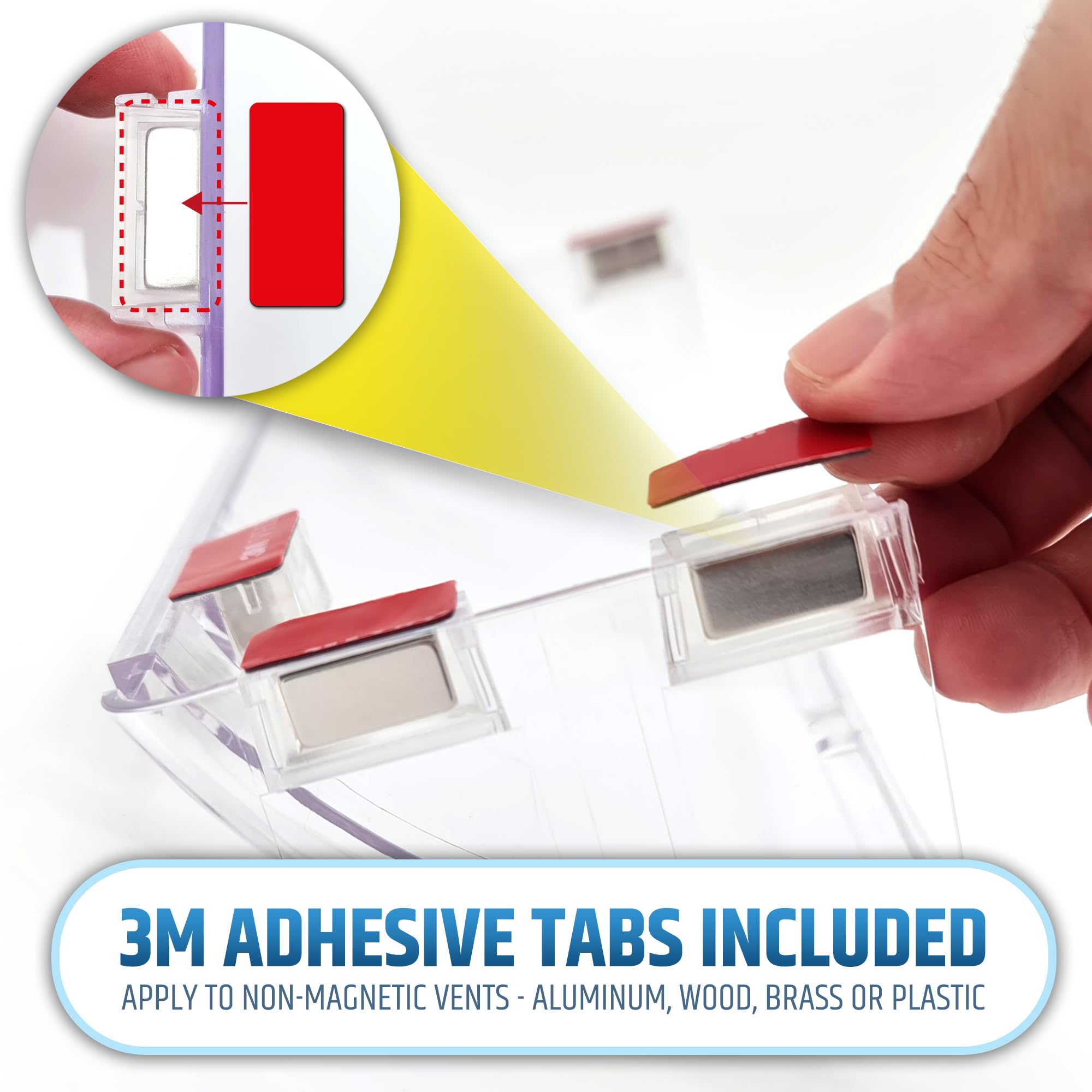 HMmagnets vent deflector includes 3M stickers for non-magnetic surfaces.