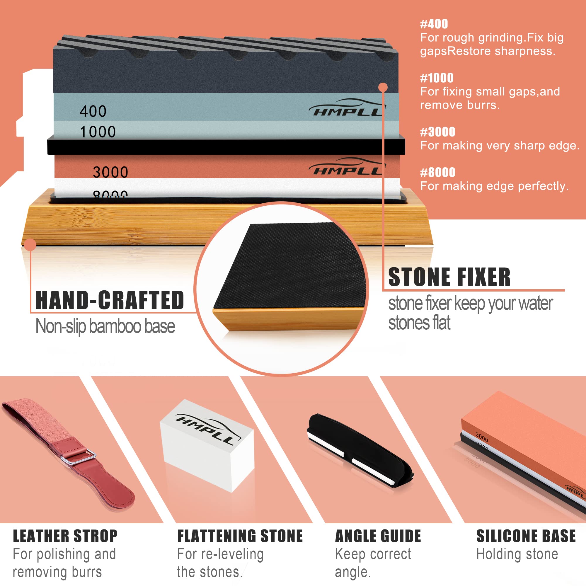 HMPLL whetstone 400/1000 grit for repairing dull blades