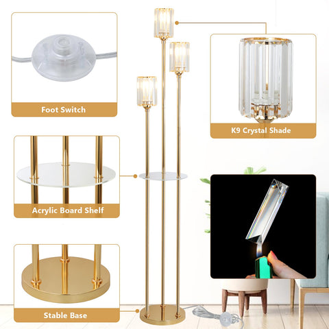 HMVPL brass tall floor lamp stands securely with a stable base.