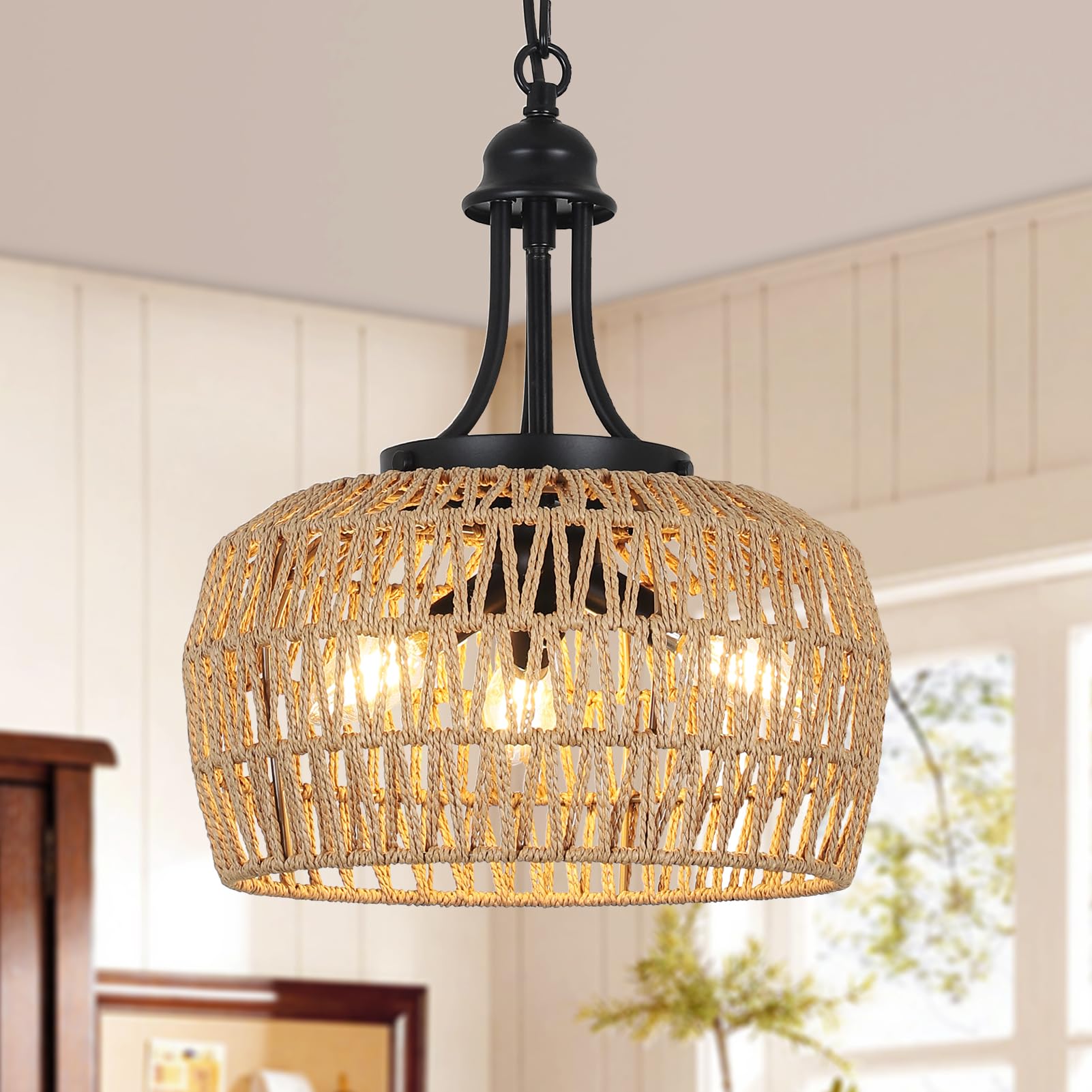 HMVPL Farmhouse Chandelier with 3-light boho rattan over dining table for warm ambiance