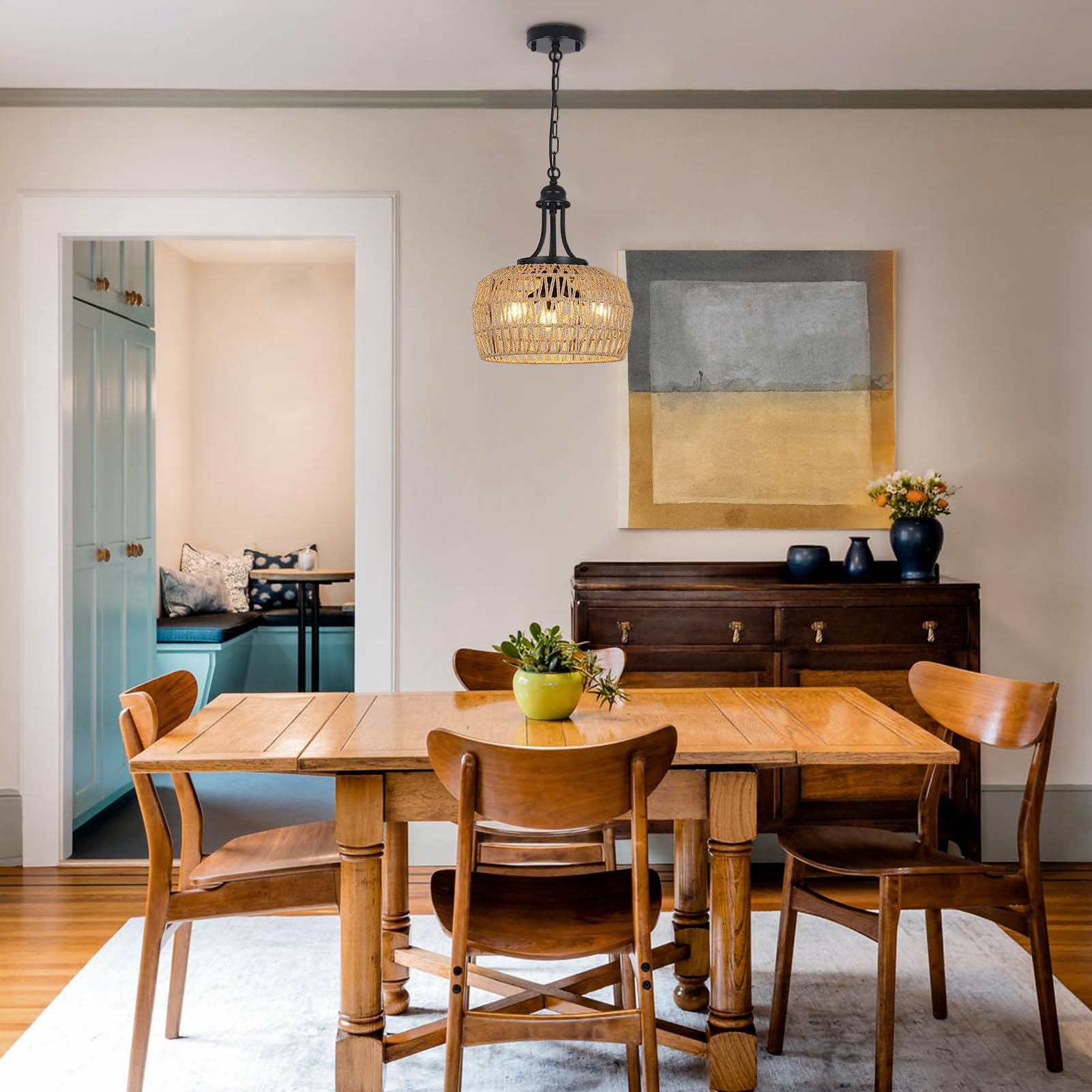 HMVPL Farmhouse Chandelier installed over dining room for inviting glow