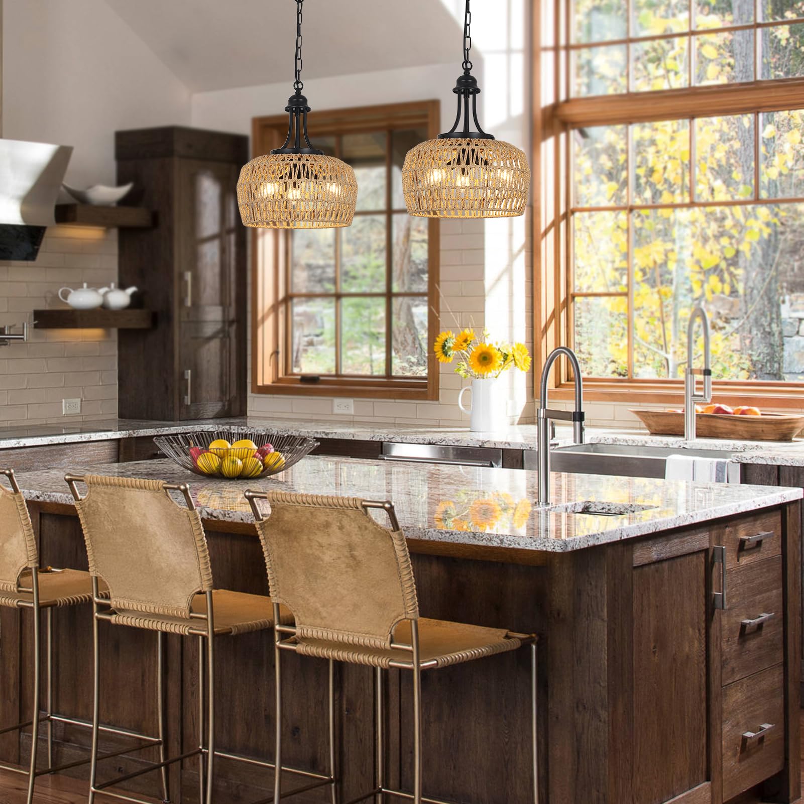 HMVPL Farmhouse Chandelier as kitchen island lighting with natural rattan