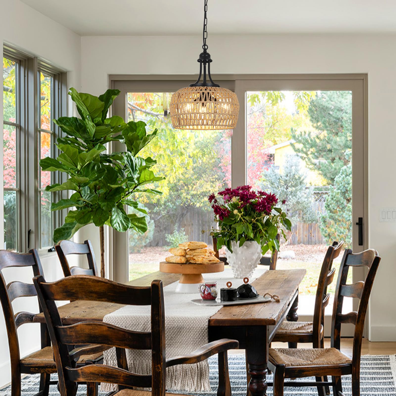 HMVPL Farmhouse Chandelier in living room elevating decor with rattan texture