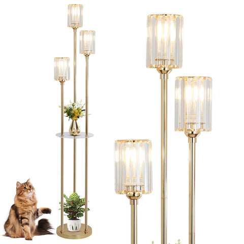 HMVPL gold floor lamp with crystal shade adds elegant illumination to living spaces.