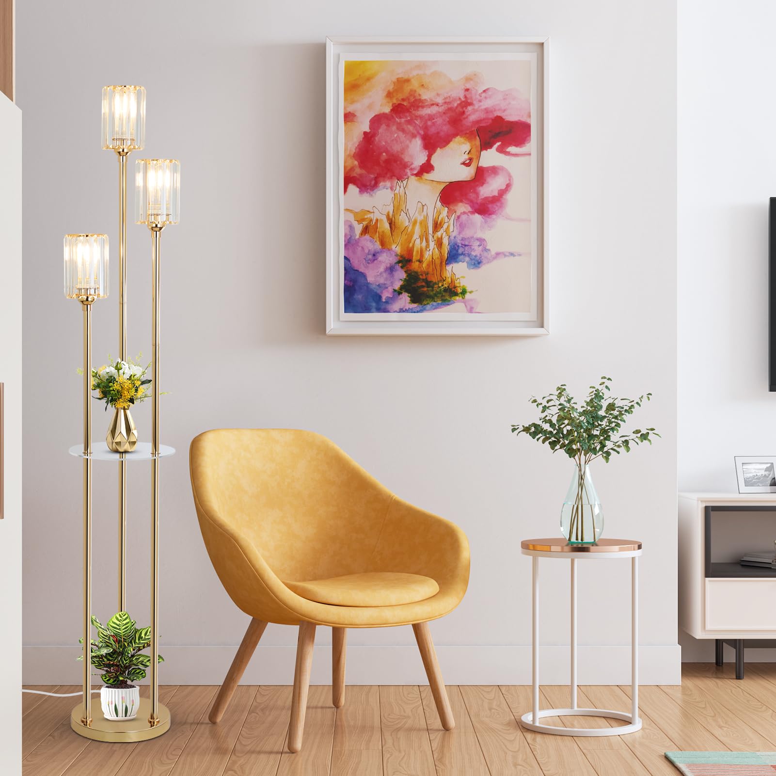 HMVPL gold floor lamp fits neatly in a living room corner.
