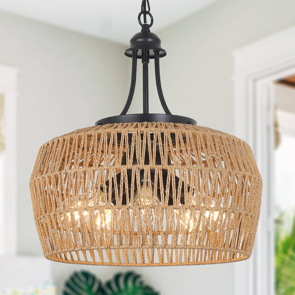 HMVPL large farmhouse chandelier with 5 light rattan focus ideal for dining rooms