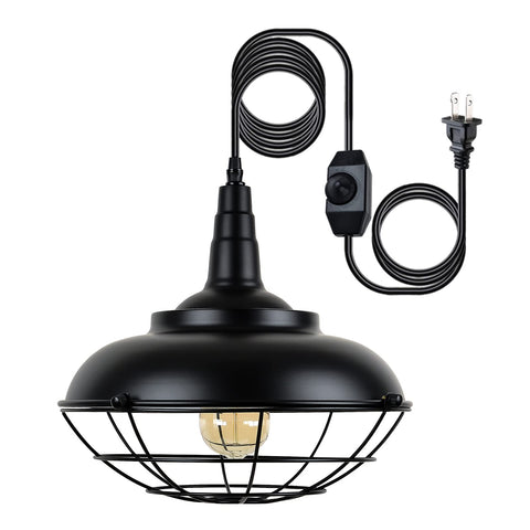 HMVPL plug-in hanging light with black cage shade over dining area for ambient dining lighting.