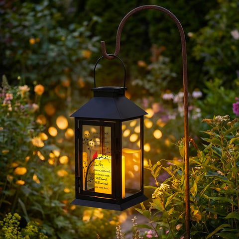HN HAIINAA Cardinal Solar Memorial Lantern metal and glass design with candle flicker.
