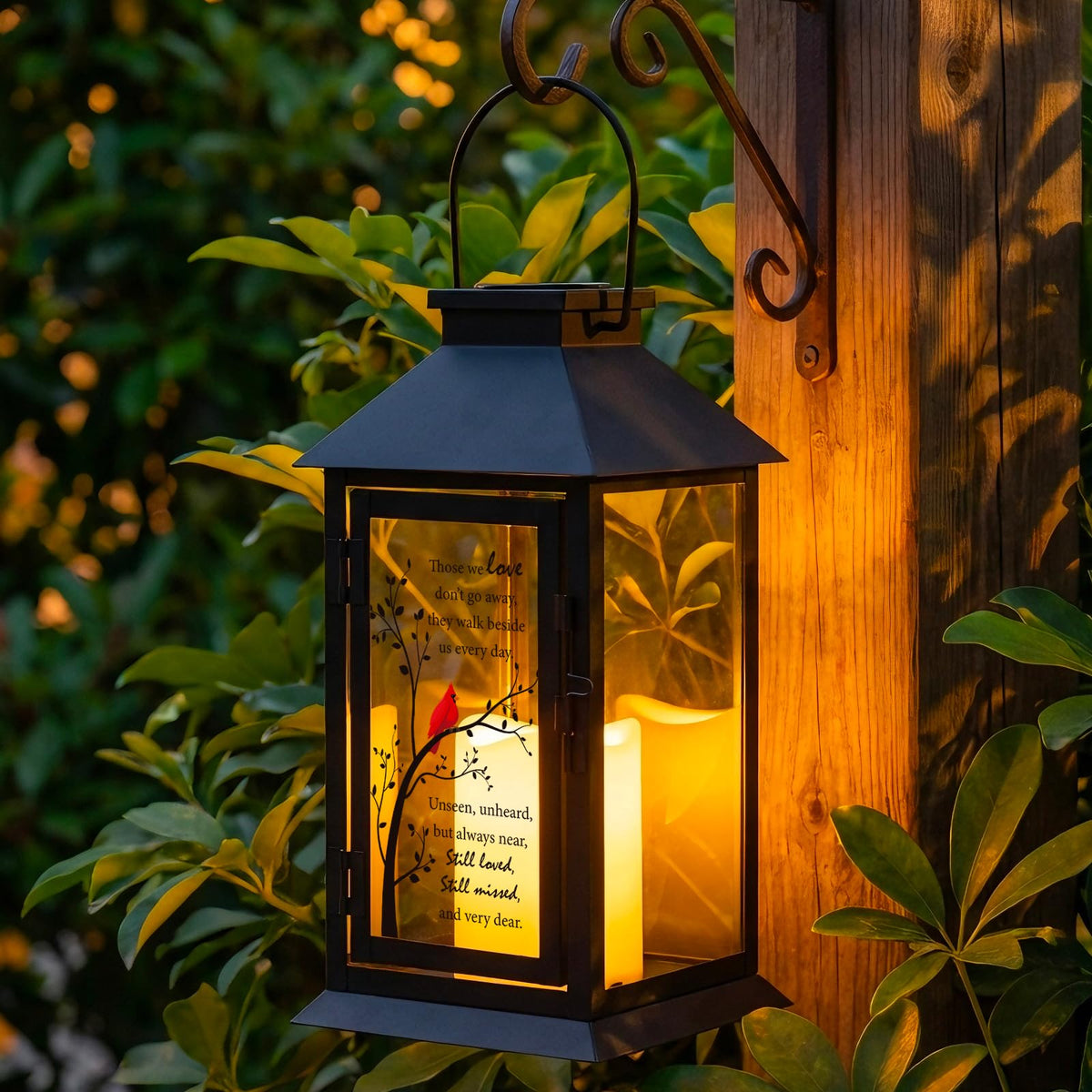 HN HAIINAA Cardinal Solar Memorial Lantern outdoors hanging for remembrance and comfort.