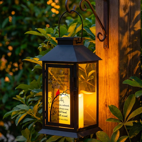 HN HAIINAA Cardinal Solar Memorial Lantern outdoors hanging for remembrance and comfort.