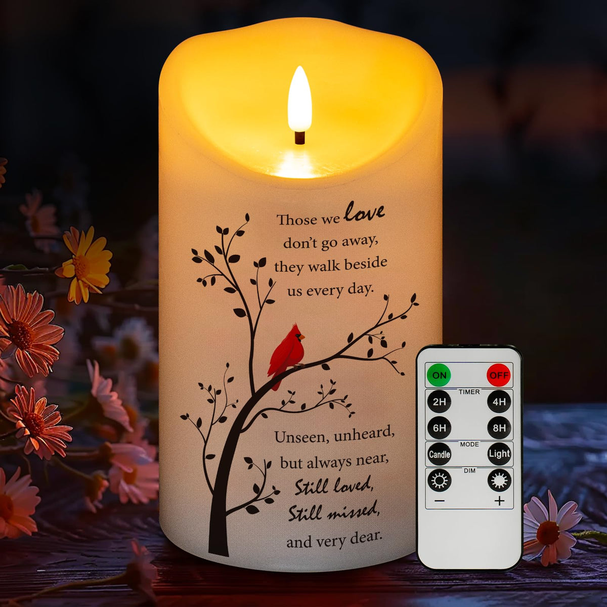 HN HAIINAA flameless memorial candle front view showing realistic wax texture and gentle glow.