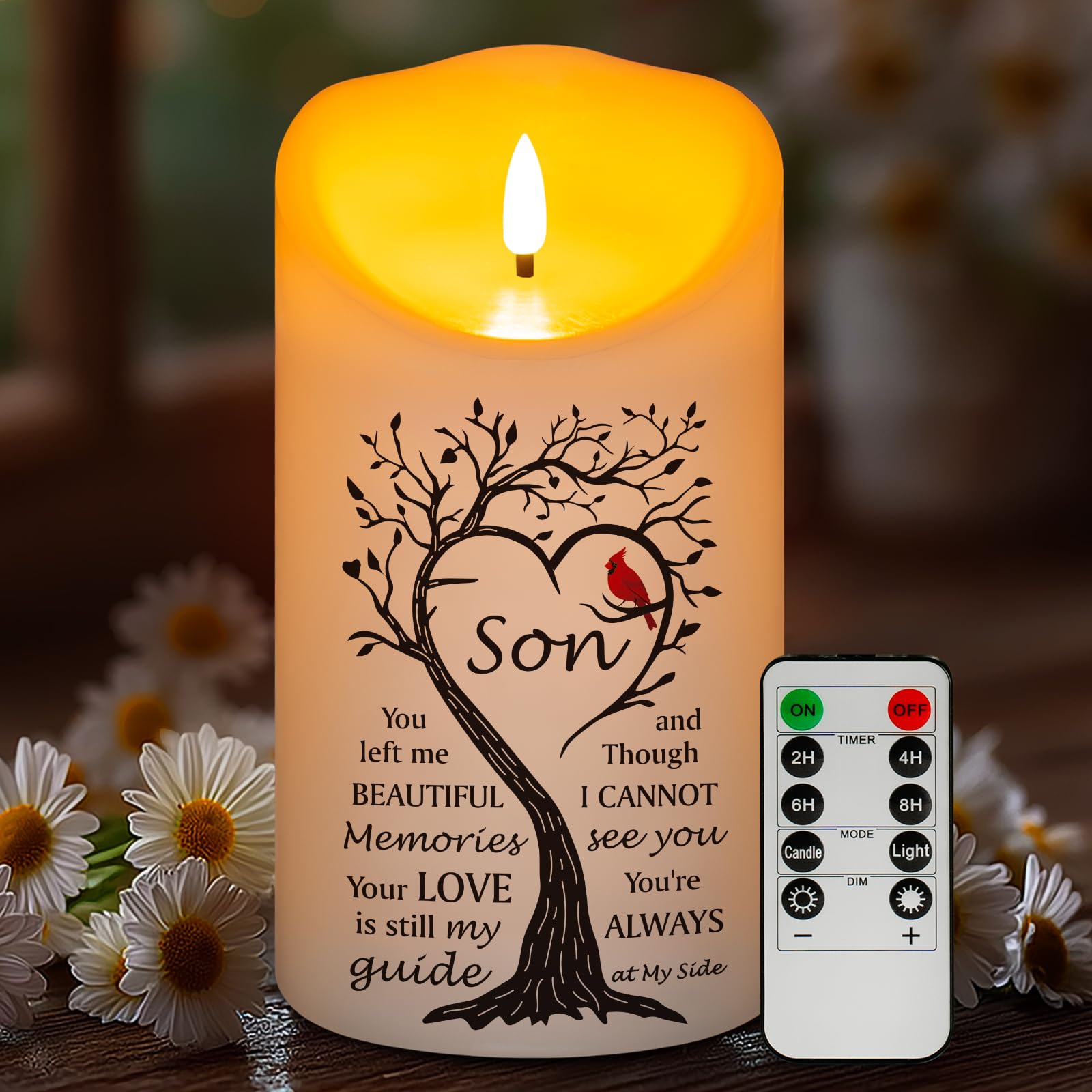 HN HAIINAA flameless memorial candle on a tabletop providing a gentle remembrance glow