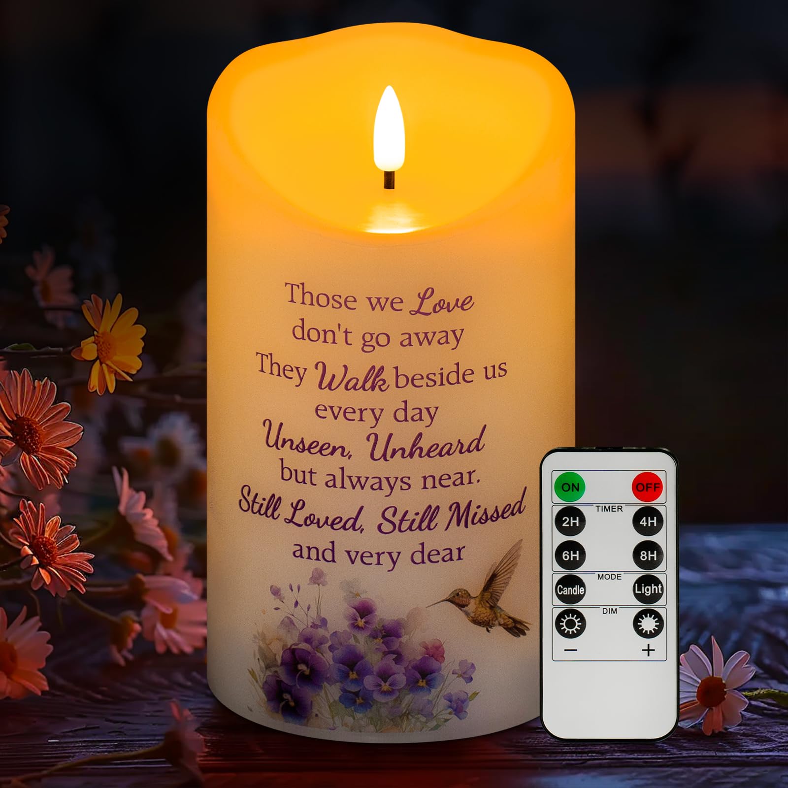 HN HAIINAA hummingbird flameless candle with remote and real-wax finish for safe memorial lighting.