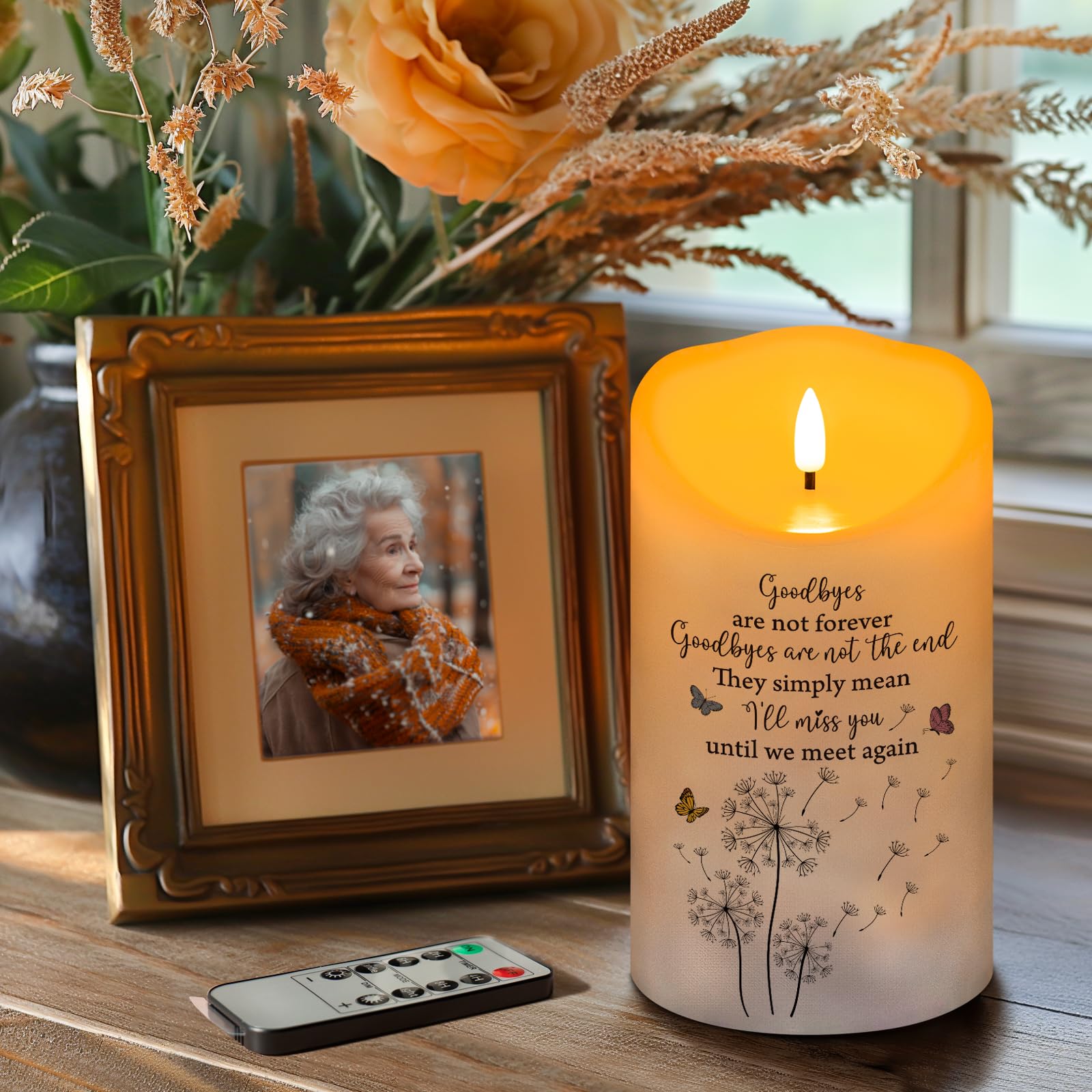 HN HAIINAA remote-control memorial candle with easy brightness adjustment.