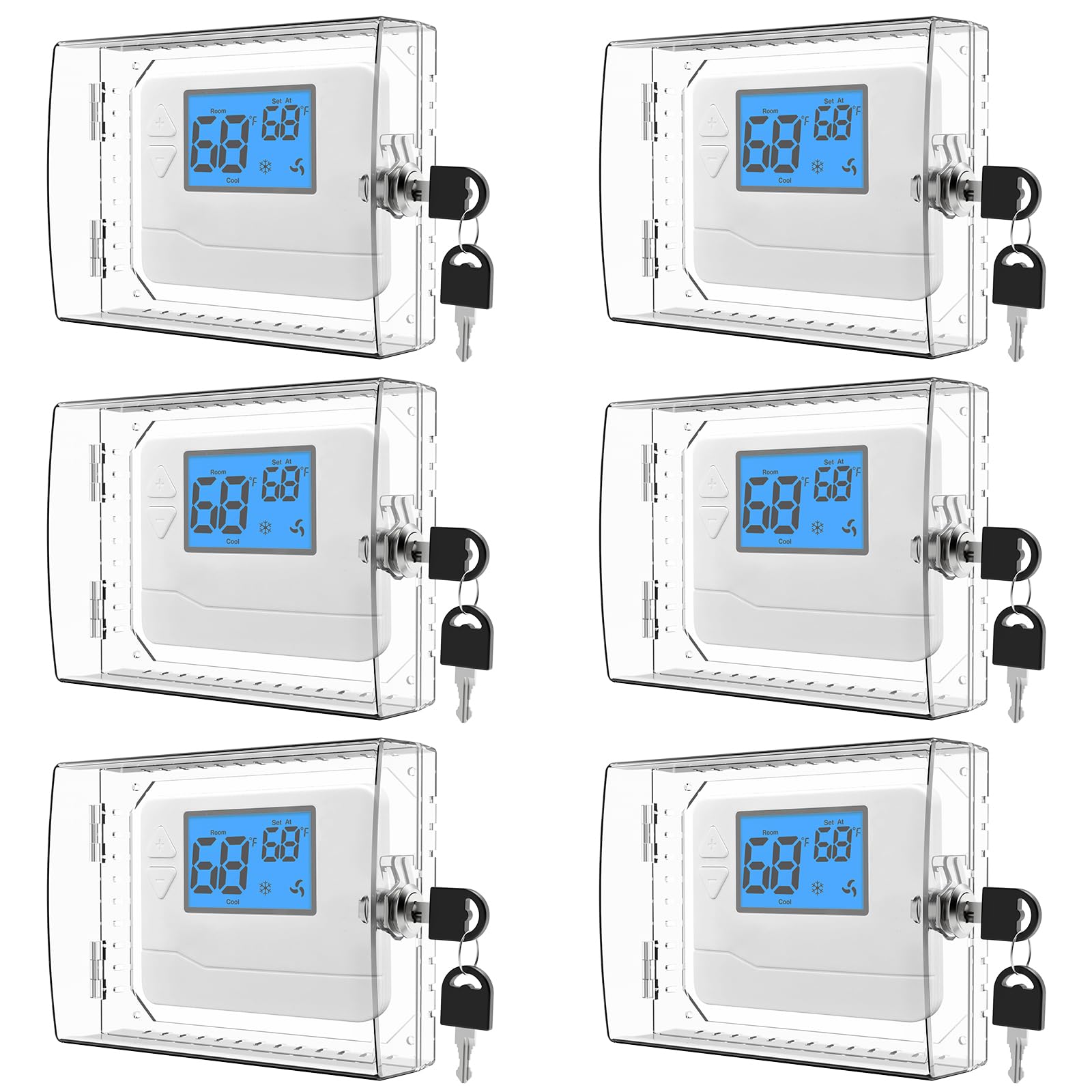 HNNMIS thermostat lock box front view with clear shield protecting a wall thermostat