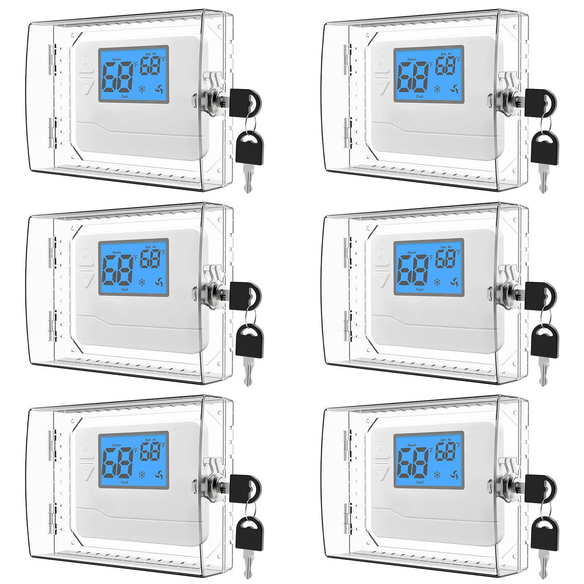 HNNMIS thermostat lock box front view with clear shield protecting a wall thermostat