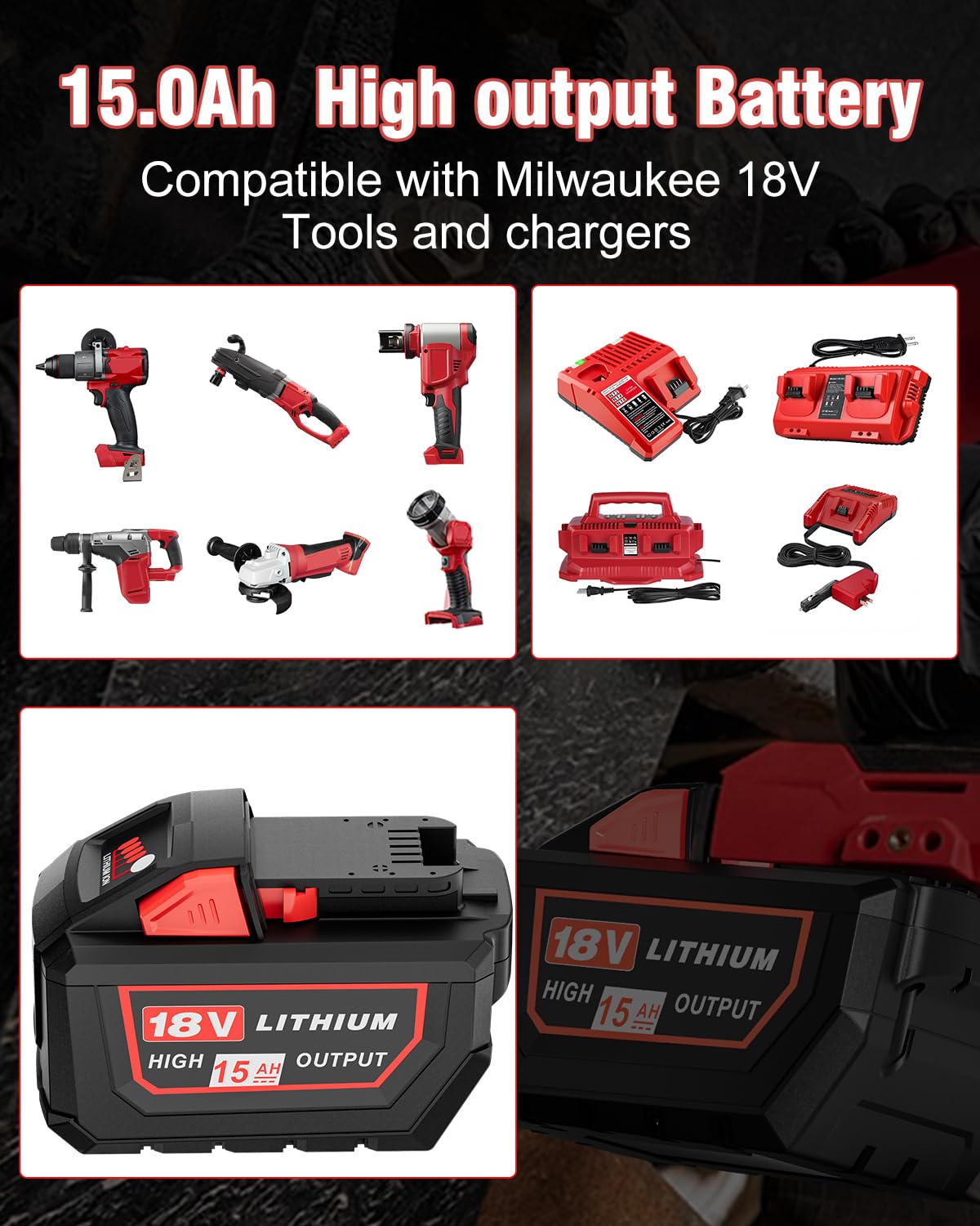 HOCHSTERN Milwaukee 18V 15Ah LED indicator shows charge level.