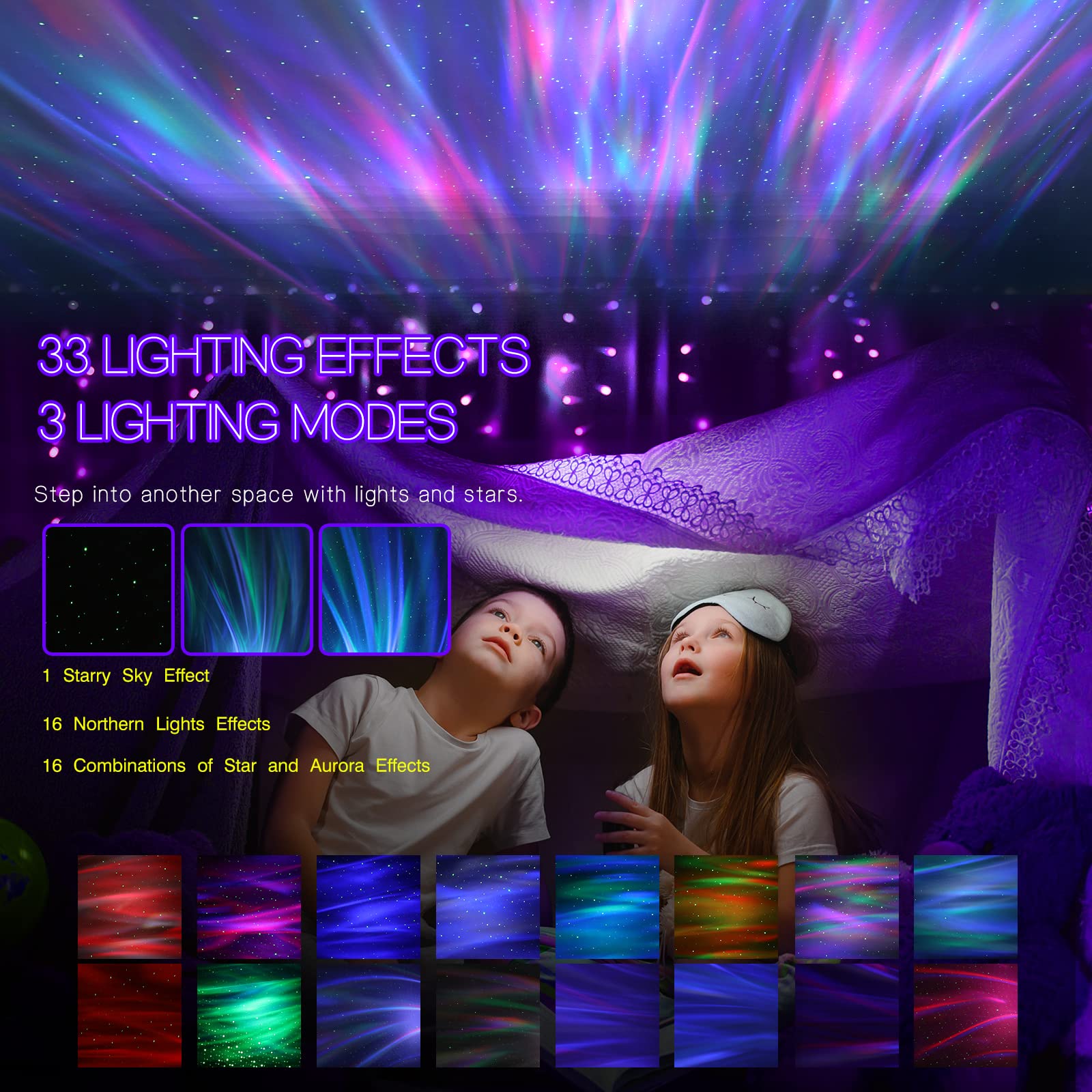 HODANS Northern Galaxy Projector provides 33 lighting atmospheres with adjustable speed and brightness.