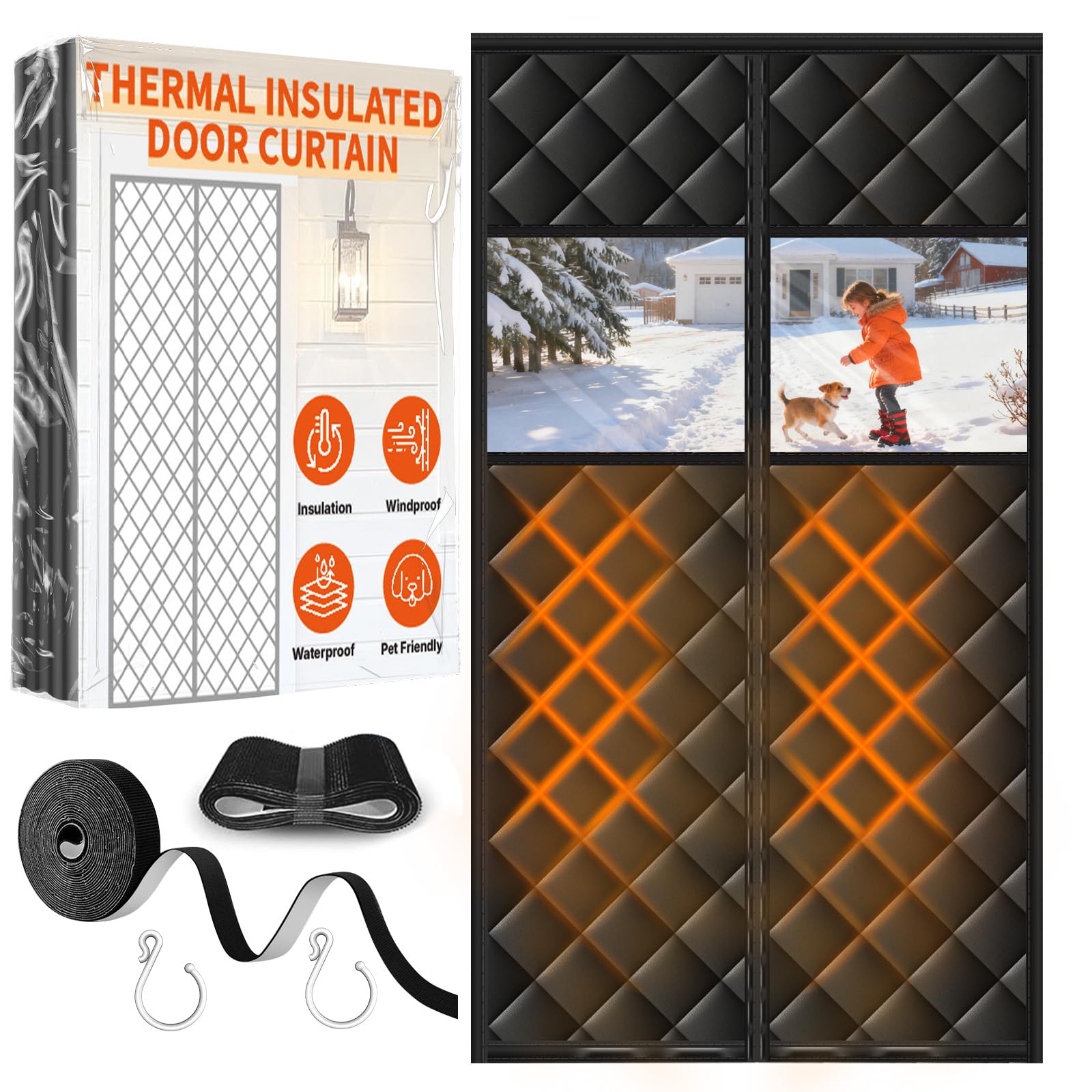 HOFUDON upgraded magnetic door curtain with clear window for bright, draft-free interiors.