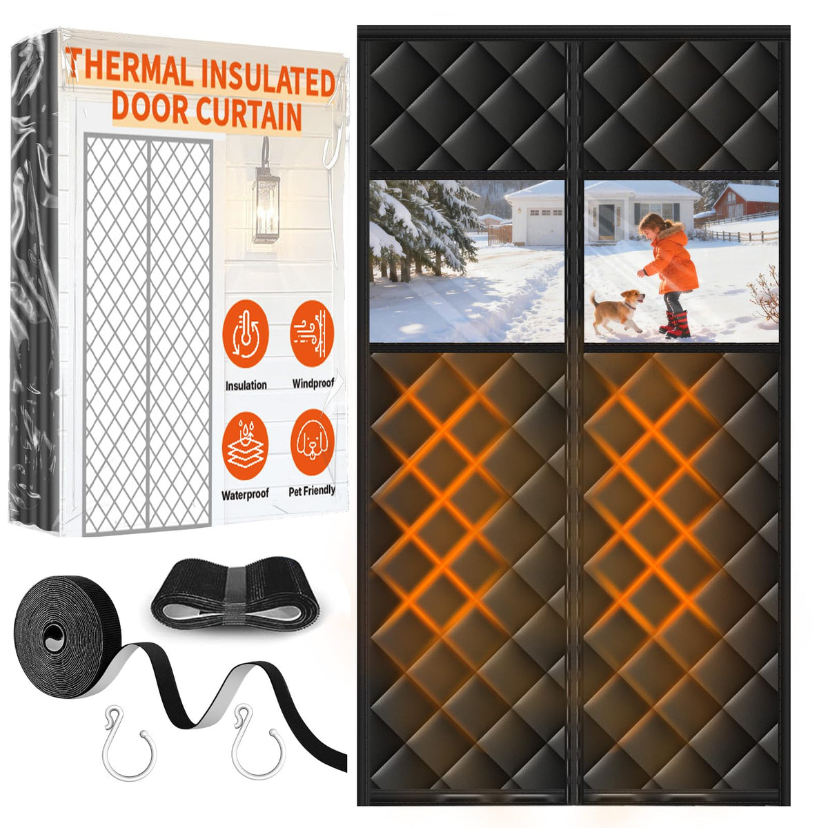 HOFUDON upgraded magnetic door curtain with clear window for bright, draft-free interiors.