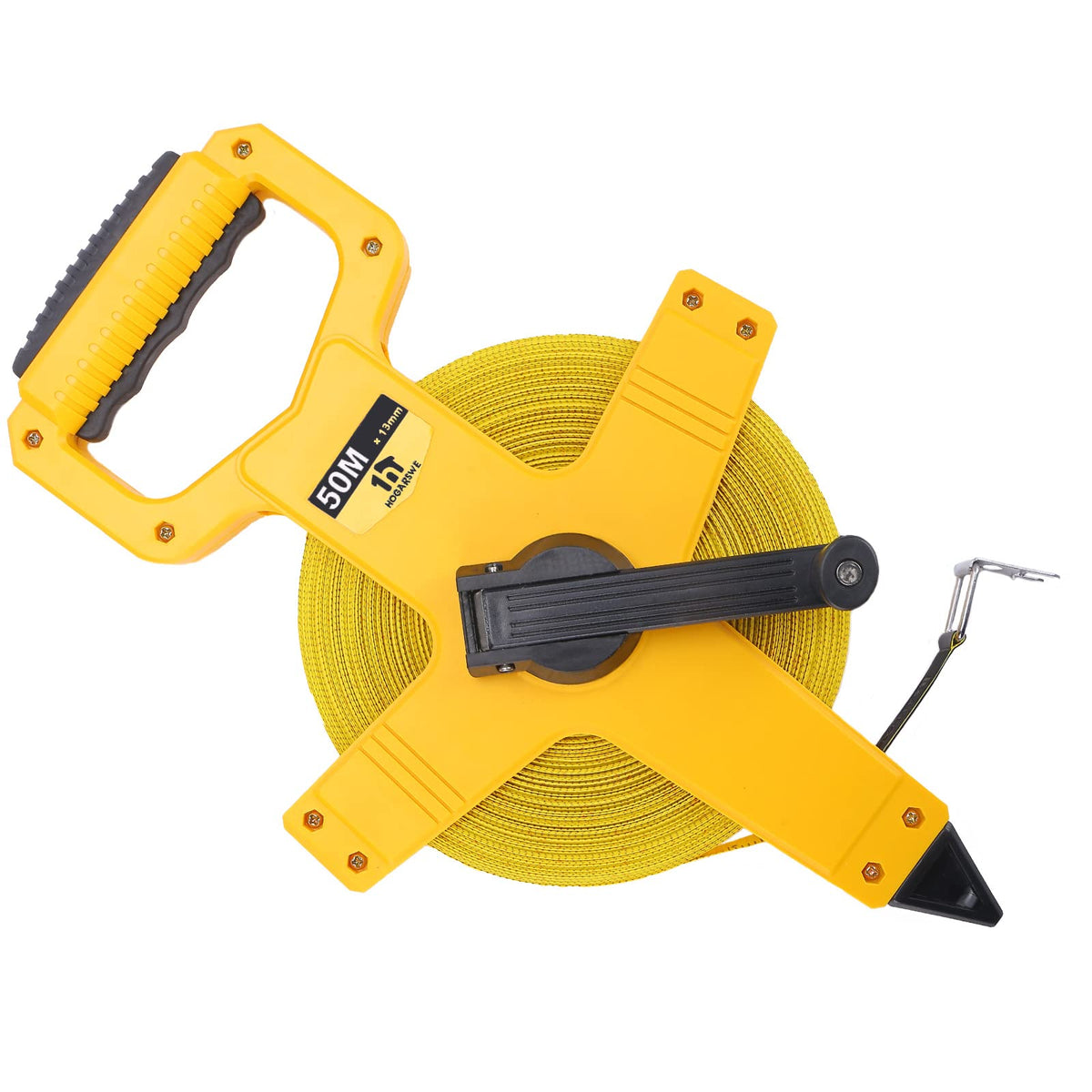 HOGARSWE open-reel tape measure front view showing a durable 165 ft range for outdoor projects