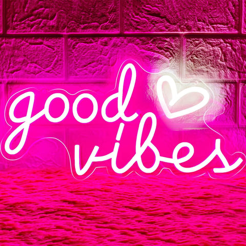 HOHOSIGN Good Vibes pink heart neon sign glows softly for a cozy bedroom vibe