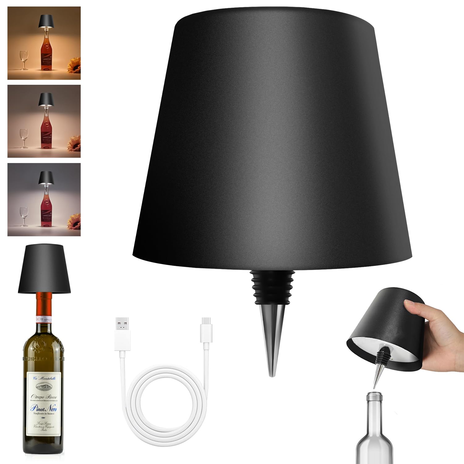 Hoide 2025 wireless bottle lamp on a shelf creates warm ambience.