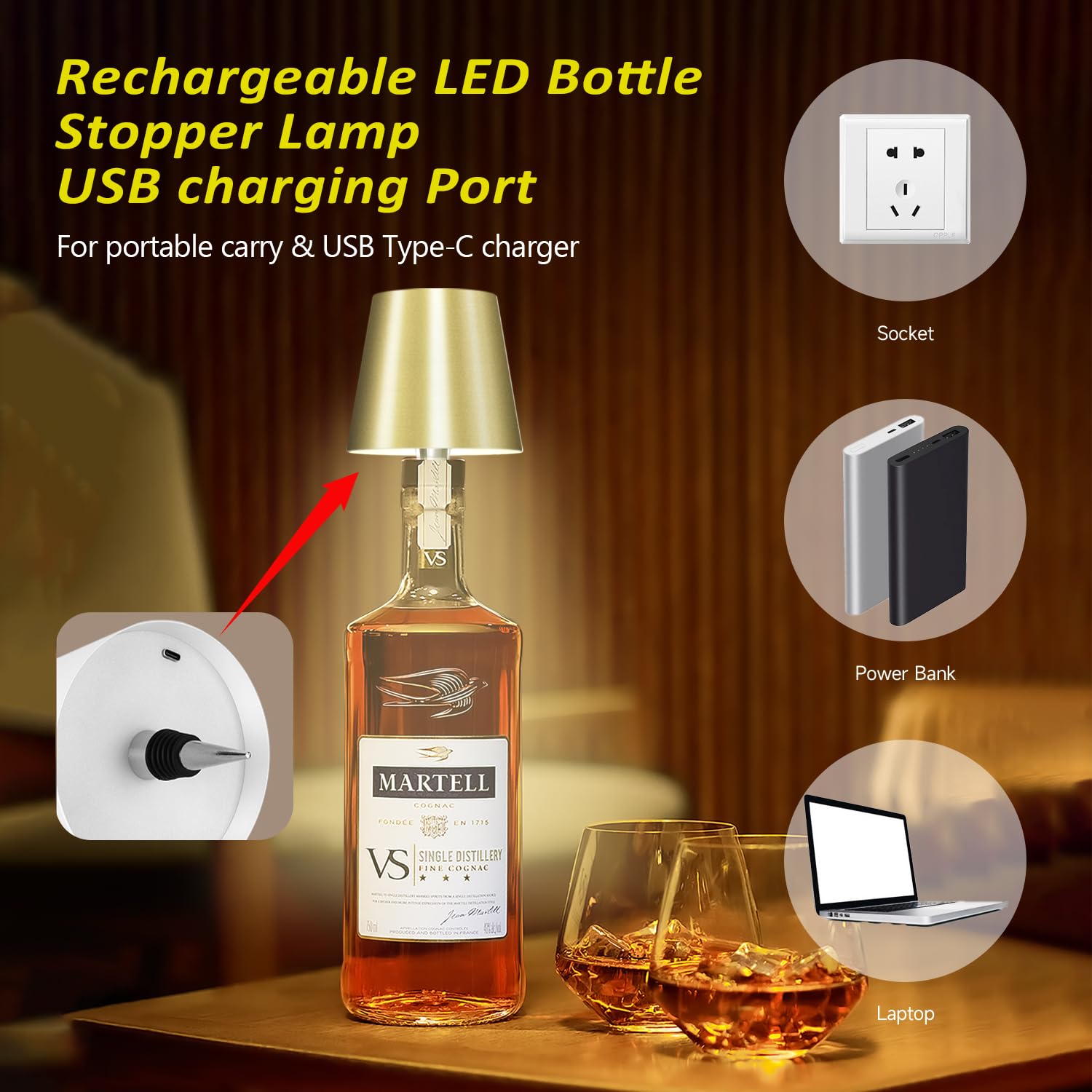 Hoide bottle lamp shown in empty or filled bottle for ambient glow.