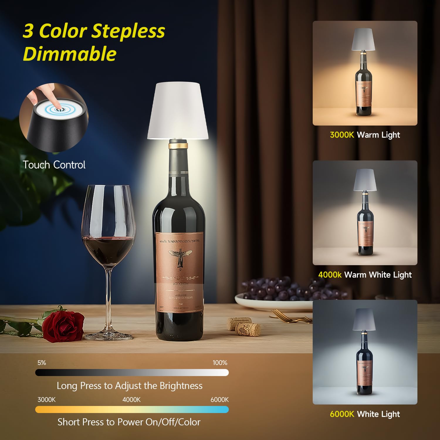 Hoide bottle lamp inside a wine bottle creates a stylish centerpiece.
