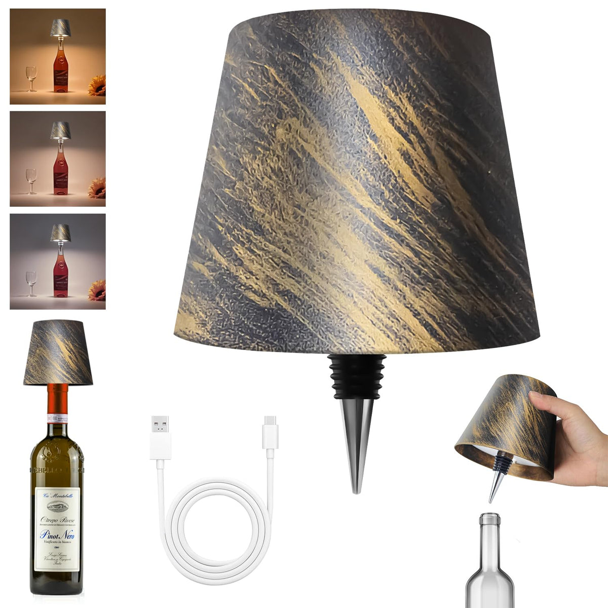 Hoide Bottle Lamp on a wine bottle creates warm ambient light for table décor