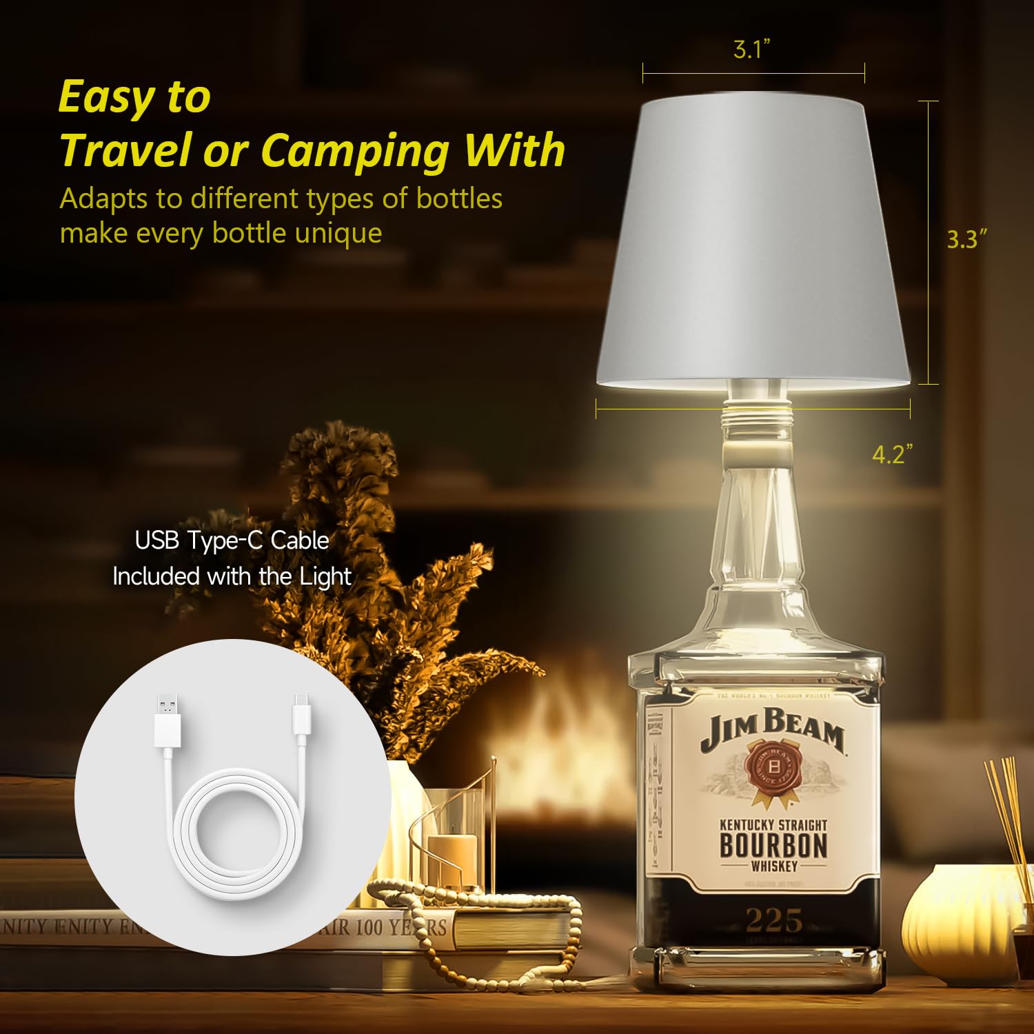Hoide bottle lamp with silicone adapter fits many bottle shapes securely.
