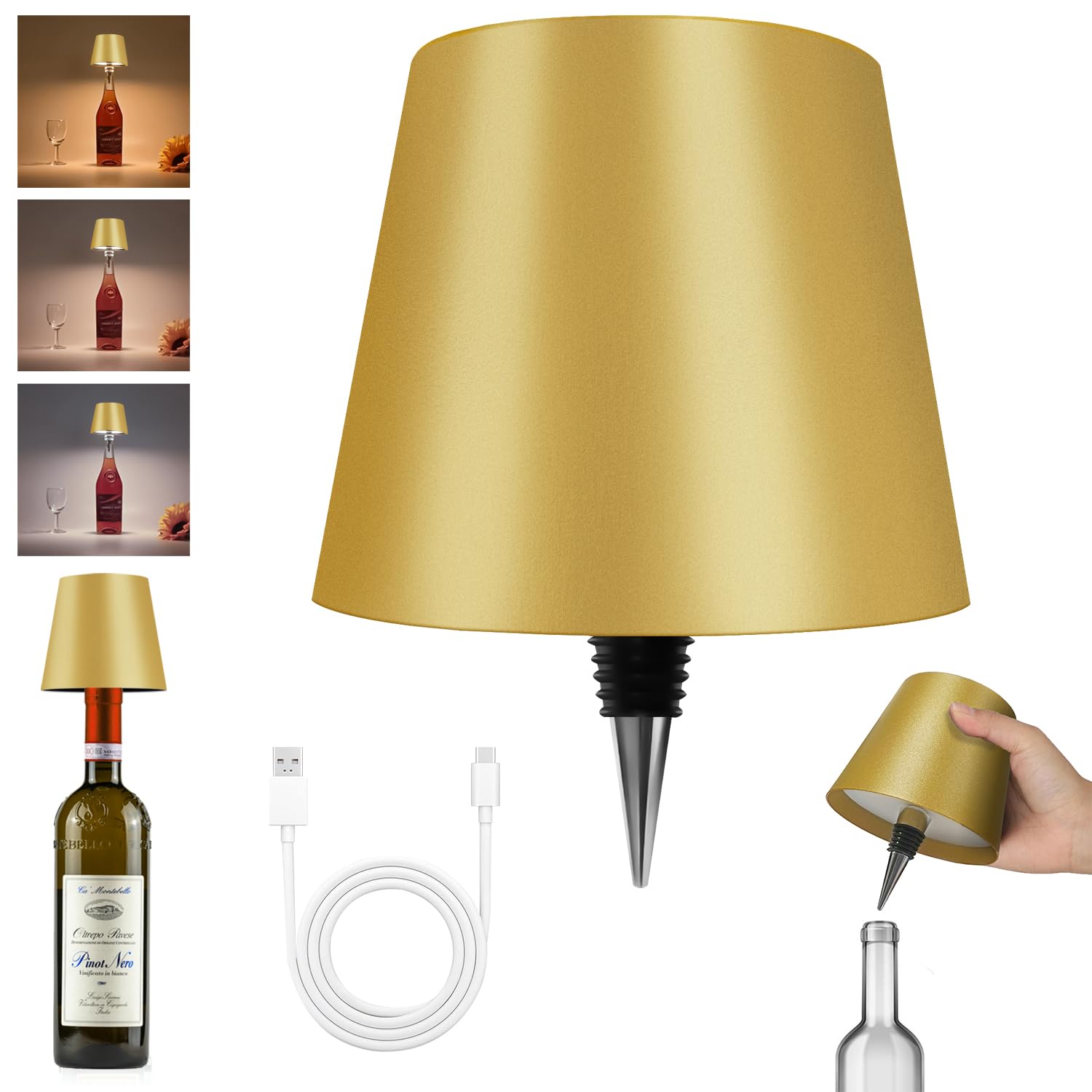 Hoide bottle lamp with silicone adapter enables versatile fitting for various bottles.
