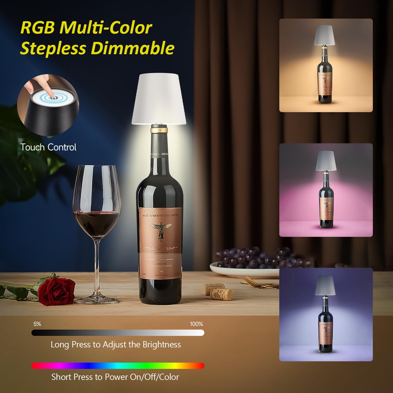 Hoide bottle lamp with touch switch enables easy color temperature and brightness control.