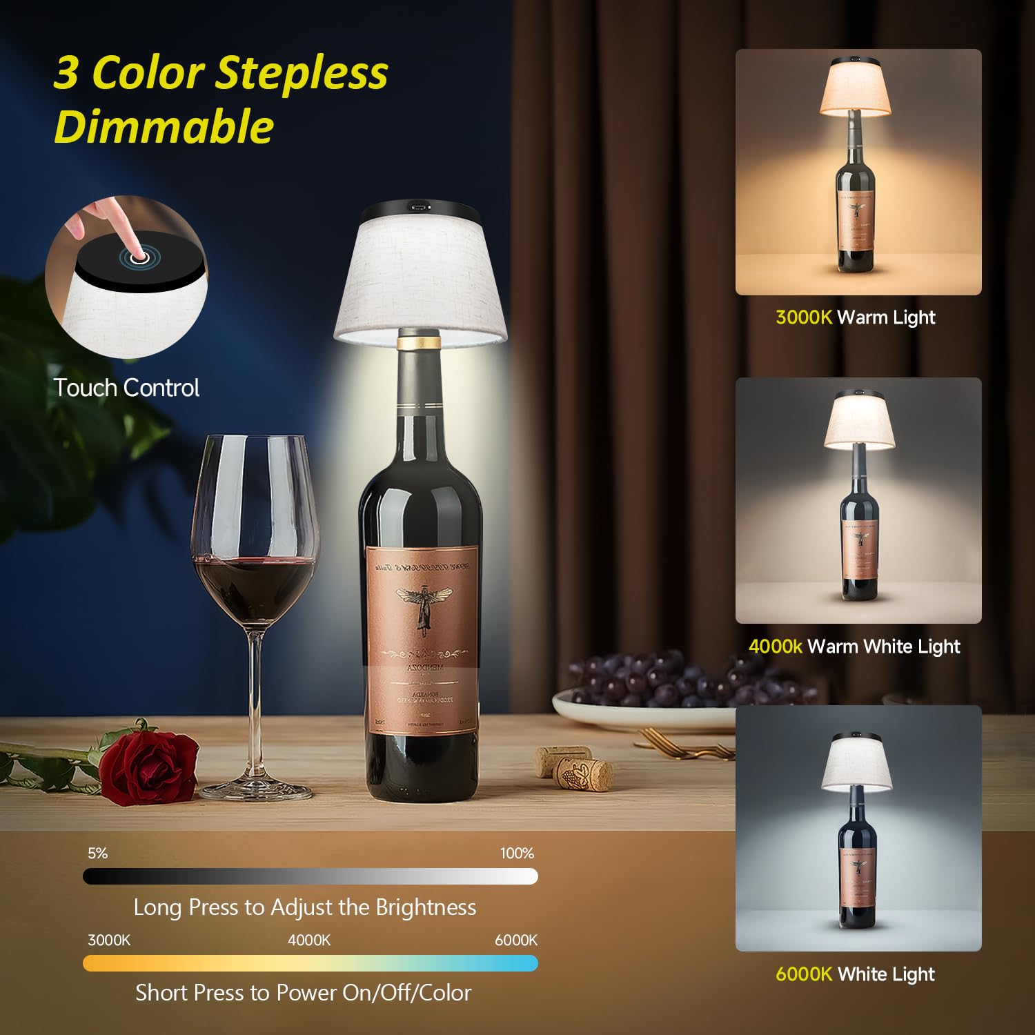 Hoide bottle lamp touch-switch showcases easy dimming across three color temperatures
