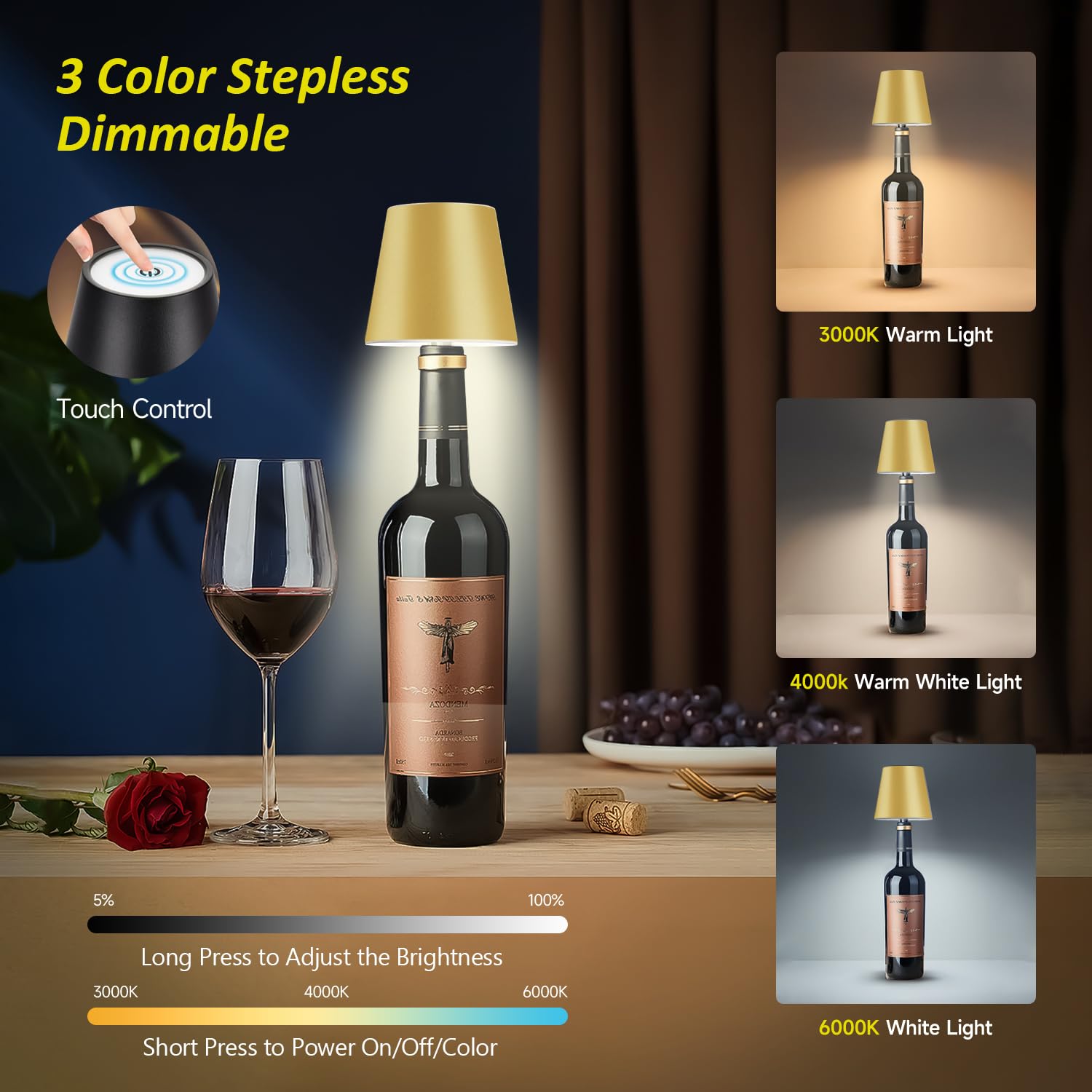 Hoide bottle lamp showing touch switch for quick color temperature control.