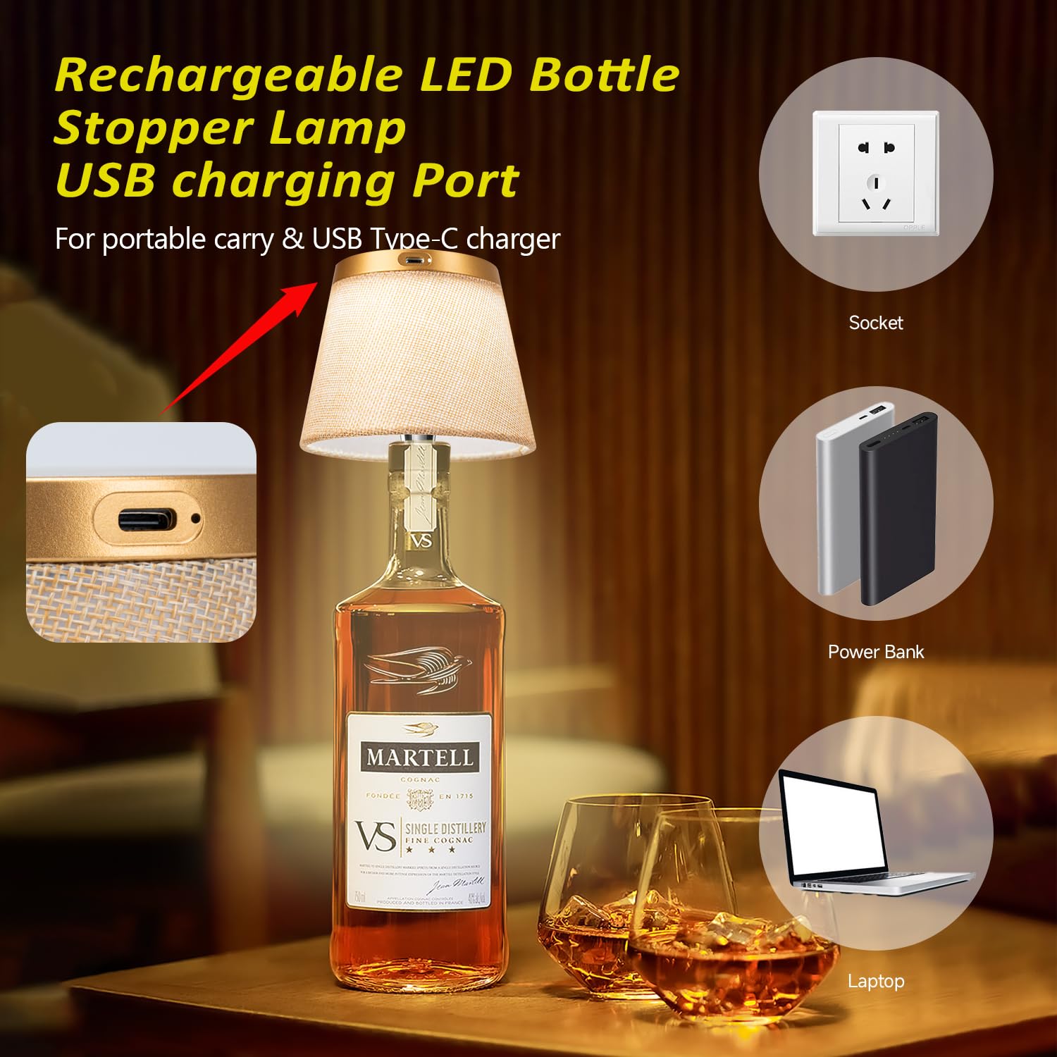 Hoide Bottle Lamp charges via USB-C for quick power on the go.