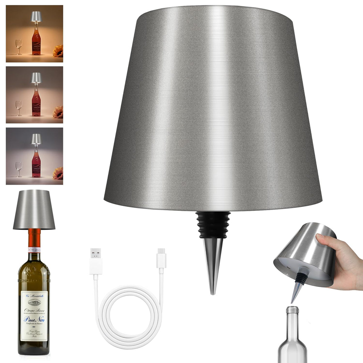 Hoide wireless bottle lamp casts warm ambient light on a wine bottle for elegant table decor.