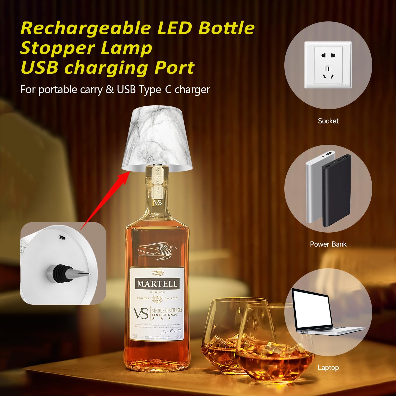 Hoide rechargeable bottle lamp connected via USB-C